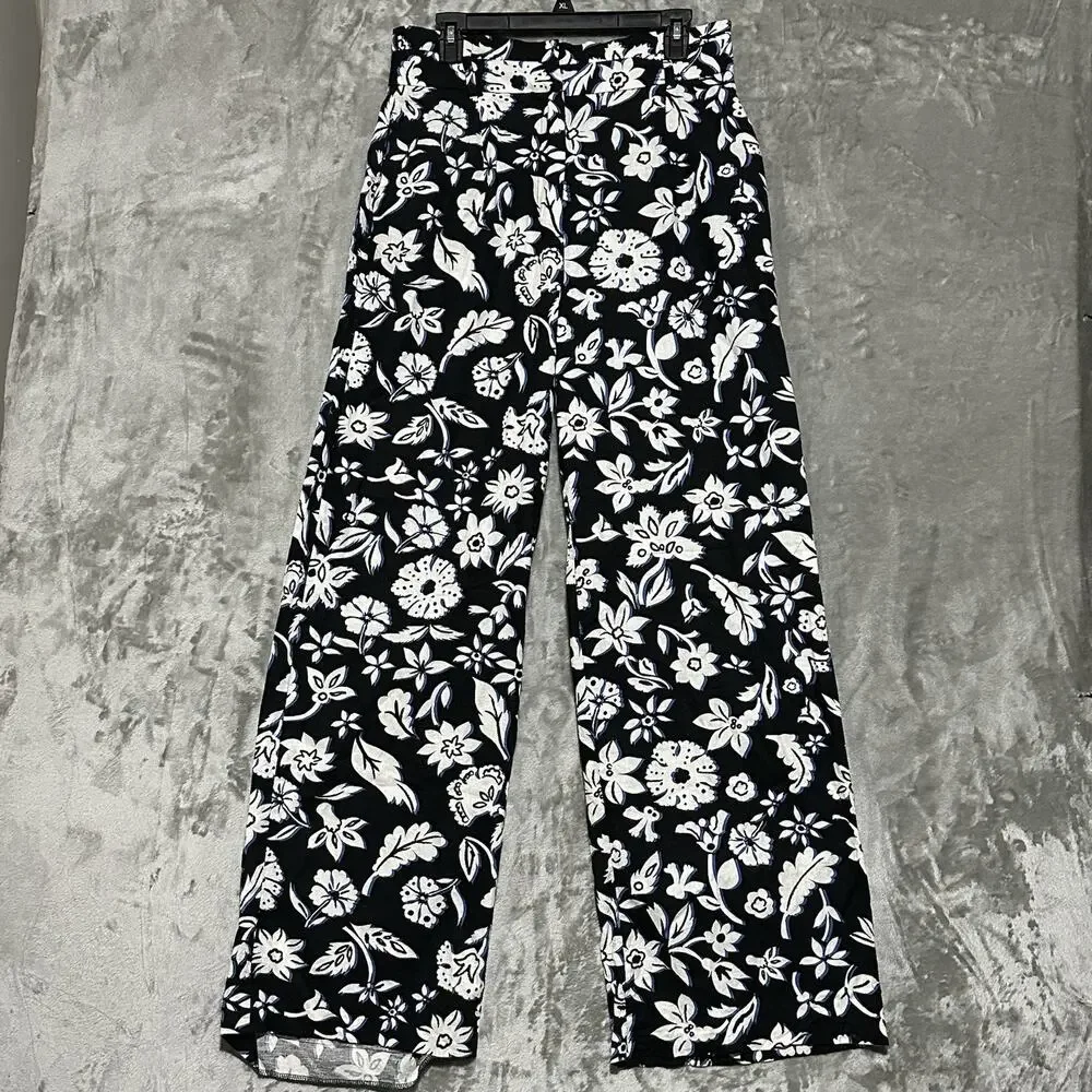 Zara Womens Wide‎ Leg Linen Blend Floral Trousers Sz L Black Boho Coastal Resort